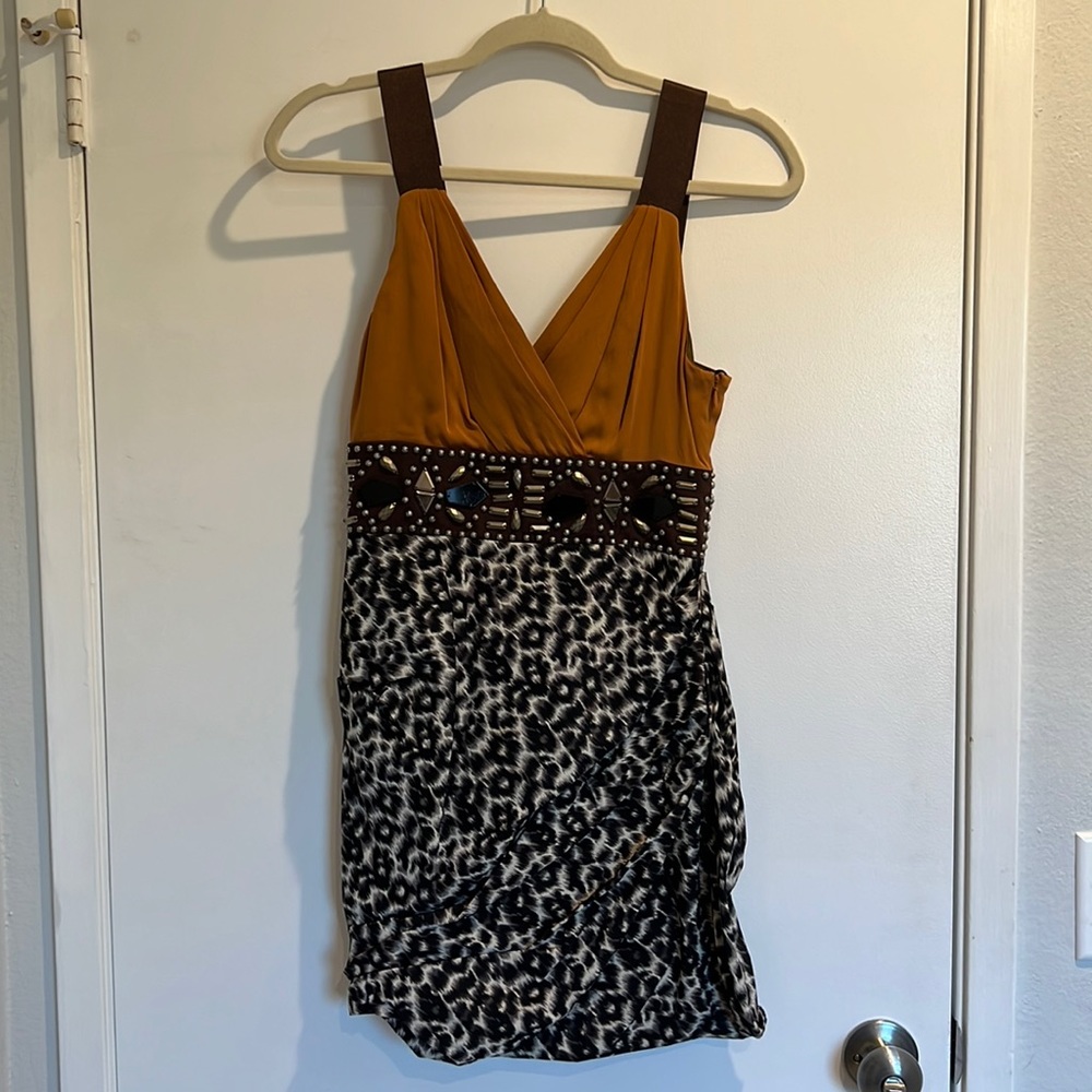 BEBE embellished animal print mini dress